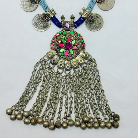 Vintage Coins Necklace With Dangling Pendant,Tribal Beaded Pendant Necklace - Picture 5 of 9